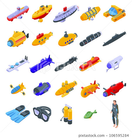 Bathyscaphe icons set. Isometric set of bathyscaphe vector icons for web design isolated on white background Bathyscaphe icons set. Isometric set of bathyscaphe vector icons for web design isolated on white background 106595284