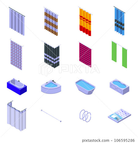 Shower curtain icons set. Isometric set of shower curtain vector icons for web design isolated on white background Shower curtain icons set. Isometric set of shower curtain vector icons for web design isolated on white background 106595286