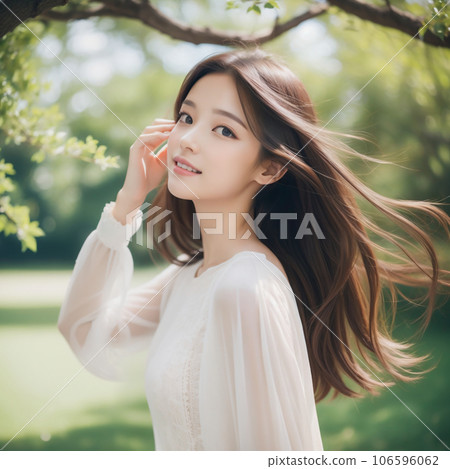 A woman trying to keep her hair from blowing in the wind 106596062