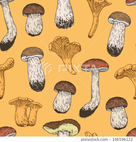 Seamless pattern with mushrooms in retro engraving style. Vintage hand-drawn print for design and textile. 106596122