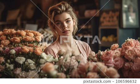 White female staff looking at flowers at a flower shop/florist 106596632