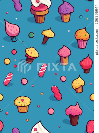 Colorful seamless pattern of cute delicious cupcakes on a blue background. Many sweet cartoon cup cakes for a fun birthday party Colorful seamless pattern of cute delicious cupcakes on a blue background. Many sweet cartoon cup cakes for a fun birthday party 106596944