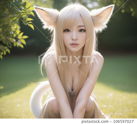 蹲在綠色裡的狐狸耳朵女孩 106597027