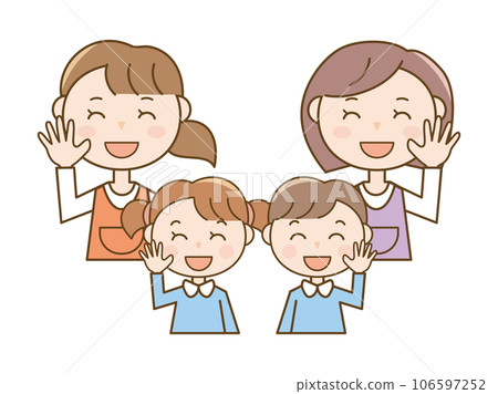 圍裙中微笑的女幼兒園老師和幼兒園 Children_boys 和 girls 的插圖集 106597252