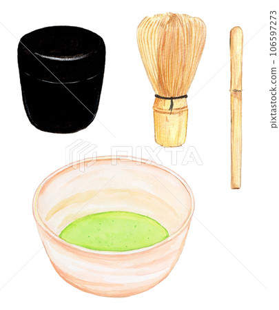 Set illustration of hand drawn watercolor matcha bowl, natsume, tea whisk and chashaku 106597273