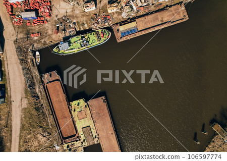 Yacht marina in harbour Sobieszewo Island. Aerial Drone view of the green district of Gdansk located on the Vistula River Yacht marina in harbour Sobieszewo Island. Aerial Drone view of the green district of Gdansk located on the Vistula River 106597774