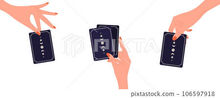 Hands holding tarot cards with boho moon. Female fortune teller predicting future. Magic and esoteric. Set of vector illustrations in flat cartoon style 106597918