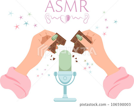 Vector ASMR illustration with broadcasting woman breaking chocolate on microphone to make crunching Vector ASMR illustration with broadcasting woman breaking chocolate on microphone to make crunching 106598003