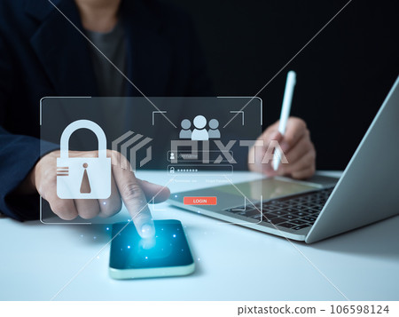 Businessman is fingers are pressing on the phone screen. Represents protection against external hacks, code protection security concepts, viruses, firmware and malware. Businessman is fingers are pressing on the phone screen. Represents protection against external hacks, code protection security concepts, viruses, firmware and malware. 106598124