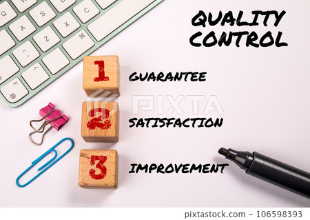 Quality Control Concept. Computer keyboard on a white office table Quality Control Concept. Computer keyboard on a white office table 106598393