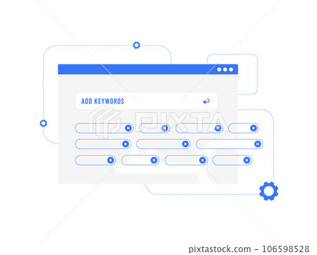 Optimizing SEO with Keyword Research tool concept. Selecting High, Mid and Low-Frequency Keywords for Blog articles, Videos and Online Store goods. Vector illustration on white background with icons 106598528