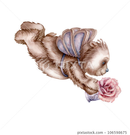 Watercolor teddy bear angel with pink hearts, cupcakes and a flower basket Watercolor teddy bear angel with pink hearts, cupcakes and a flower basket 106598675
