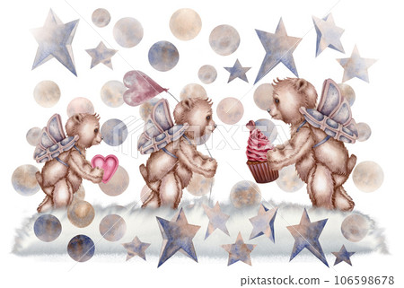 Watercolor teddy bear angel with pink hearts, cupcakes and a flower basket Watercolor teddy bear angel with pink hearts, cupcakes and a flower basket 106598678