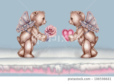 Watercolor teddy bear angel with pink hearts, cupcakes and a flower basket Watercolor teddy bear angel with pink hearts, cupcakes and a flower basket 106598681