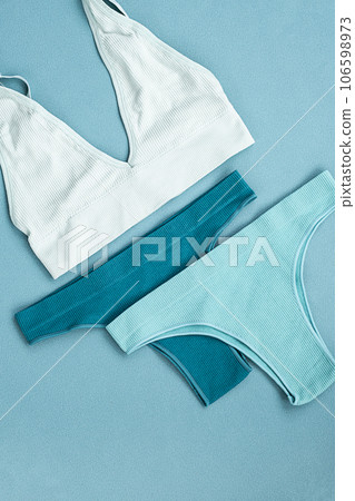 Casual lady lingerie set. Monochrome females underwear layout. Casual lady lingerie set. Monochrome females underwear layout. 106598973