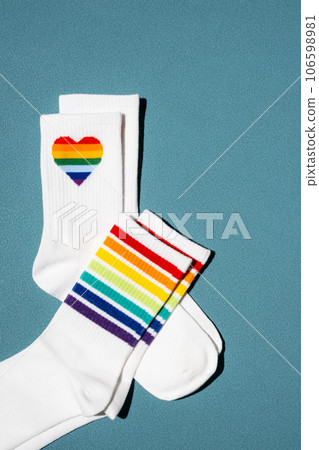 Rainbow colorful striped socks layout. LGBT concept. Rainbow colorful striped socks layout. LGBT concept. 106598981