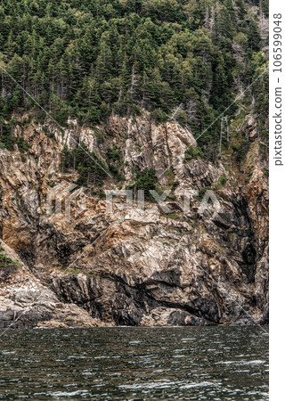 A panoramic view of the Cape Breton Island Coast line cliff scenic Cabot Trail route, Nova Scotia Hghlands Canada 106599048
