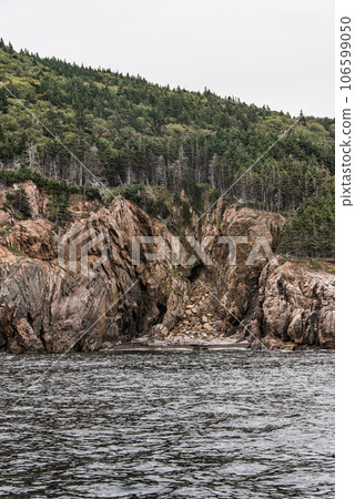 A panoramic view of the Cape Breton Island Coast line cliff scenic Cabot Trail route, Nova Scotia Hghlands Canada 106599050
