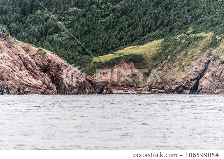 A panoramic view of the Cape Breton Island Coast line cliff scenic Cabot Trail route, Nova Scotia Hghlands Canada 106599054