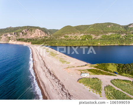 A panoramic view of the Cape Breton Island Coast line cliff scenic Cabot Trail route, Nova Scotia Hghlands Canada 106599059