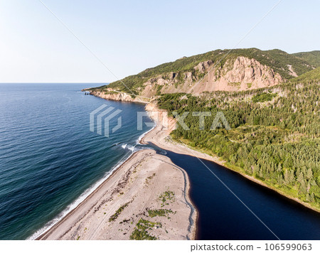 A panoramic view of the Cape Breton Island Coast line cliff scenic Cabot Trail route, Nova Scotia Hghlands Canada 106599063