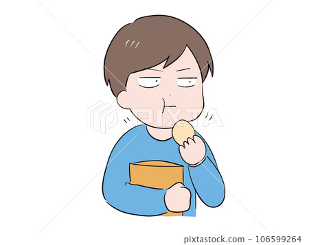 A young man in casual clothes eating potato chips (upper body) 106599264