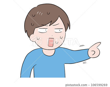 一位穿著休閒服的年輕男子(上身)用困惑和驚訝的表情指著 一位穿著休閒服的年輕男子(上身)用困惑和驚訝的表情指著 106599269