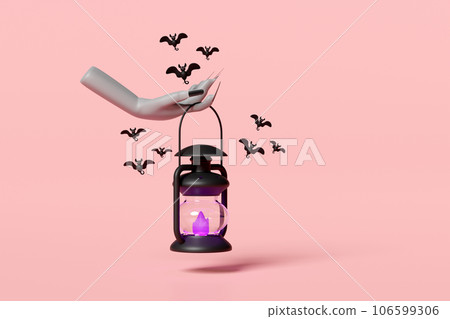 3d halloween holiday party with zombie hand holding storm lantern, bats isolated on pink background. 3d render illustration 3d halloween holiday party with zombie hand holding storm lantern, bats isolated on pink background. 3d render illustration 106599306