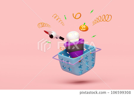 3d halloween holiday party with basket, explosion firecracker, carved pumpkin, skull, knife, eyeball isolated on pink background. marketing promotion bonuses concept, 3d render illustration 106599308