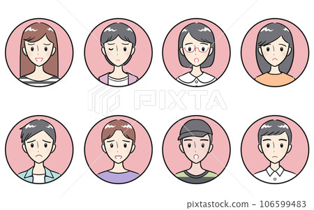 穿著便衣、消極表情、圓形圖標集、粉色的初中生和高中生男女 穿著便衣、消極表情、圓形圖標集、粉色的初中生和高中生男女 106599483