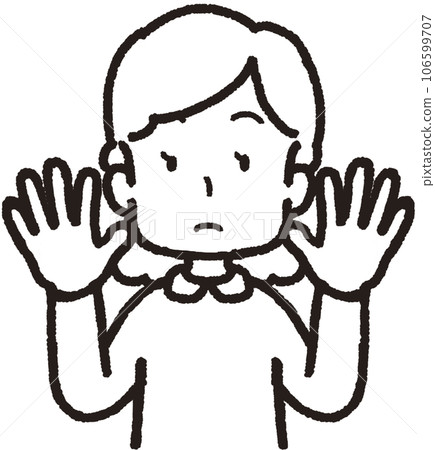 Upper body line drawing illustration of a woman raising both hands Upper body line drawing illustration of a woman raising both hands 106599707