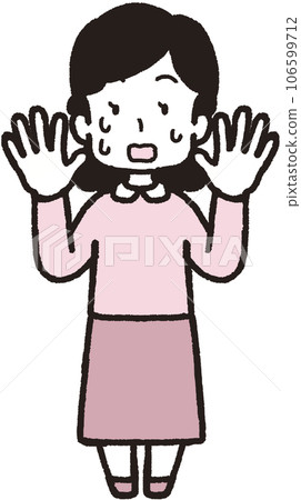 一個女人舉起雙手出汗、驚慌失措的全身插圖 一個女人舉起雙手出汗、驚慌失措的全身插圖 106599712
