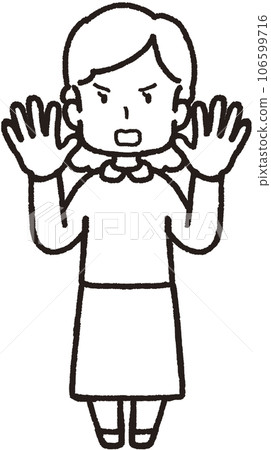 一個憤怒的女人舉起雙手的全身線畫插圖 106599716