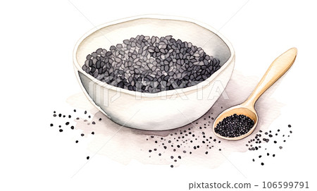 Watercolor illustration of black sesame seeds on a plate "AI generated image" Watercolor illustration of black sesame seeds on a plate "AI generated image" 106599791