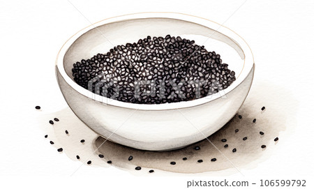 Watercolor illustration of black sesame seeds on a plate "AI generated image" 106599792
