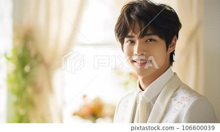 Groom (Asian man wearing a tuxedo in the bride's room at a wedding) Groom (Asian man wearing a tuxedo in the bride's room at a wedding) 106600039