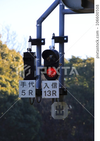 Substitute hand signal (Tedai) shunting traffic light color light type (incoming) [At Dobutsukoen Station, Chiba City, Chiba City, Chiba City Monorail] 106600508
