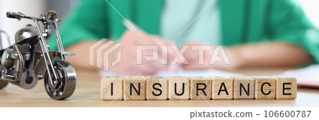 Insurance word on wooden blocks in row and small model of motorbike Insurance word on wooden blocks in row and small model of motorbike 106600787