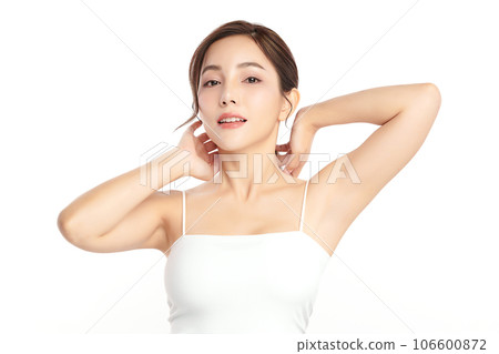 Beautiful Young Asian woman lifting hands up to show off clean and hygienic armpits or underarms on white background, Smooth armpit cleanliness and protection concept Beautiful Young Asian woman lifting hands up to show off clean and hygienic armpits or underarms on white background, Smooth armpit cleanliness and protection concept 106600872