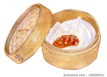 水彩插圖中國饅頭在蒸籠裡 水彩插圖中國饅頭在蒸籠裡 106600912