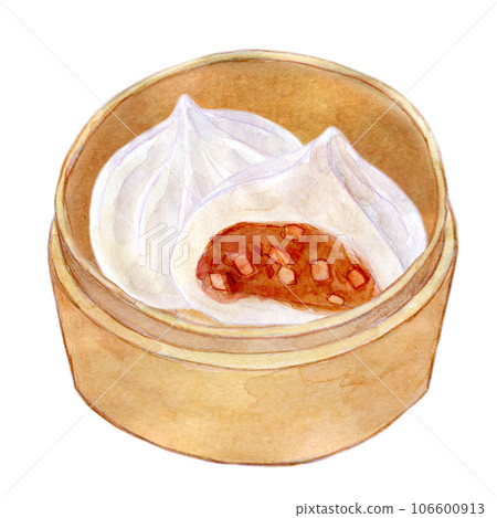 Watercolor illustration Chinese steamed buns in a steamer 106600913