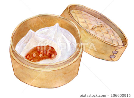 水彩插圖中國饅頭在蒸籠裡 水彩插圖中國饅頭在蒸籠裡 106600915