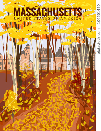 Massachusetts Autumn park valley, forest trail, walkway, trees yellow foliage. Poster fall seasone Massachusetts Autumn park valley, forest trail, walkway, trees yellow foliage. Poster fall seasone 106601450