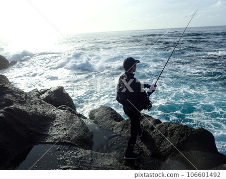Aiming for black-fin seabass on a rough shore 106601492