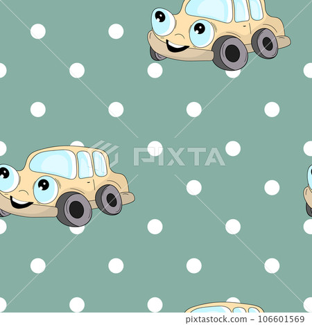 Seamless pattern with cute car on color background. Cartoot transport. Vector illustration. Doodle style. Design for baby print, invitation, poster, card, fabric, textile Seamless pattern with cute car on color background. Cartoot transport. Vector illustration. Doodle style. Design for baby print, invitation, poster, card, fabric, textile 106601569