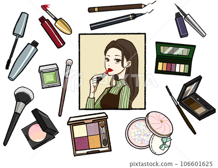 Woman doing makeup and makeup supplies Woman doing makeup and makeup supplies 106601625