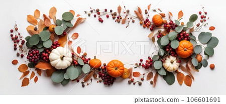 Thanksgiving day or Halloween concept banner. Top view white background decor from pumpkin, red berry, green leaves with copy space. autumn and fall season background. Thanksgiving day or Halloween concept banner. Top view white background decor from pumpkin, red berry, green leaves with copy space. autumn and fall season background. 106601691
