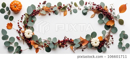 Thanksgiving day or Halloween concept banner. Top view white background decor from pumpkin, red berry, green leaves with copy space. autumn and fall season background. Thanksgiving day or Halloween concept banner. Top view white background decor from pumpkin, red berry, green leaves with copy space. autumn and fall season background. 106601711
