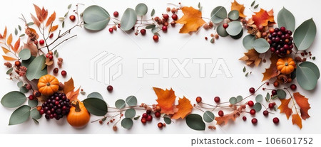 Thanksgiving day or Halloween concept banner. Top view white background decor from pumpkin, red berry, green leaves with copy space. autumn and fall season background. 106601752