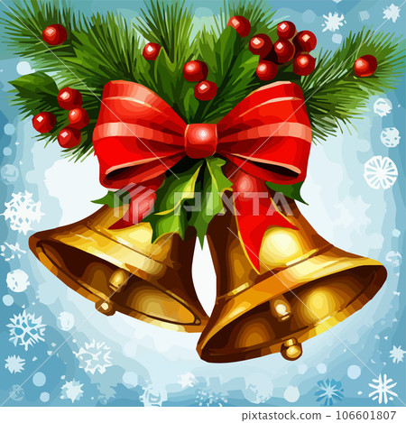 Christmas arrangement of spruce green twigs, golden bells with red ribbon and snowflakes, design element on blue background, vector illustration 106601807